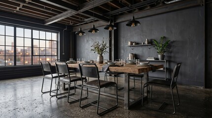 A modern dining room with a wooden table and six metal chairs sits in an industrial loft space with large windows and a city view.