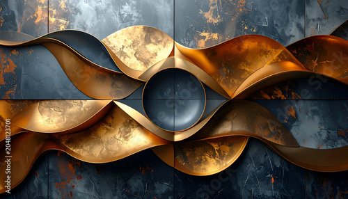 Abstract golden ribbon design atop blue/grey textured tile, with circular center element