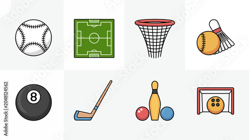 Photos Assorted sports equipment and game illustrations.