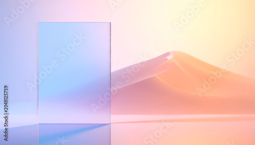 Abstract minimalist scene with a rectangular glass panel and flowing translucent shapes