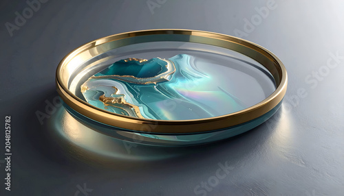 A glass bowl with gold rim holds a shimmering teal and gold abstract form
