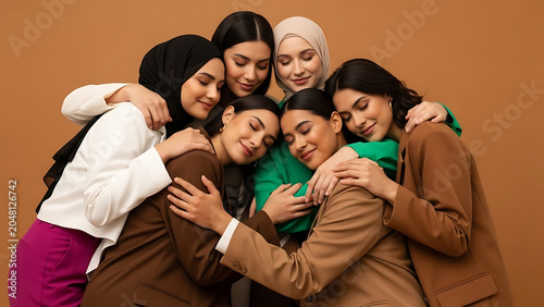 Diverse Muslim Women Friends Hugging Sisterhood Unity Happiness.