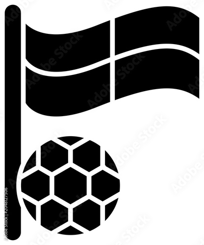 Black soccer ball icon with a waving flag isolated on transparent background