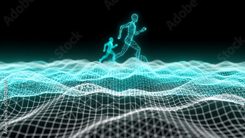 Futuristic Runners on Digital Landscape Technology Innovation Data Flow.