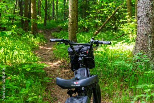 First-person view of an electric bike handlebars with a storage bag parked on a narrow dirt trail in the middle of a vibrant lush green summer forest at daytime