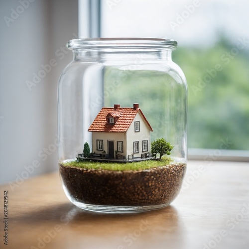 Miniature House In Glass Jar On Wooden Surface