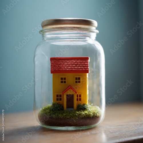 Small Yellow House In Glass Jar With Soil And Plants