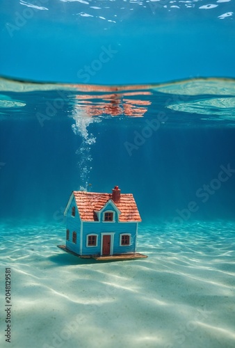 Toy House Sinking Beneath Water Surface Underwater Mortgage
