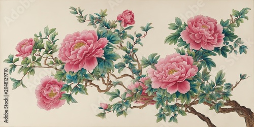 Detailed Botanical Watercolor Lush Pink Peonies Golden Yellow Stamens Winding Brown Branches Multi Shade Green Blue Green Leaves Delicate Technique Petal Folds Branch Curves Distributed Composition So