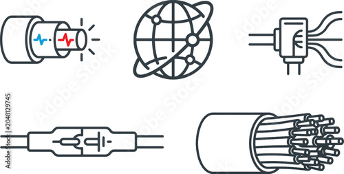 Fiber Optic Networking, Data Cable Infrastructure and Telecommunications Icons Set
