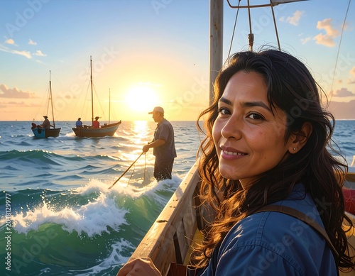 A woman smiles as she poses in a sailboat looking towards the sun. Other boats are visible in the background