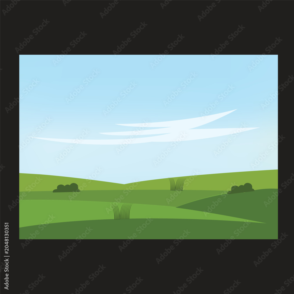 Fototapeta premium Minimalist green hills landscape vector background with blue sky and clouds