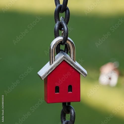 Miniature House Padlock Secure On Chain Against Green Background