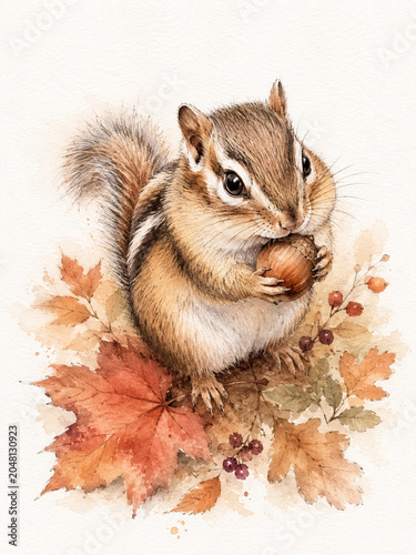 Cute Watercolor Chipmunk Holding an Acorn Among Autumn Leaves