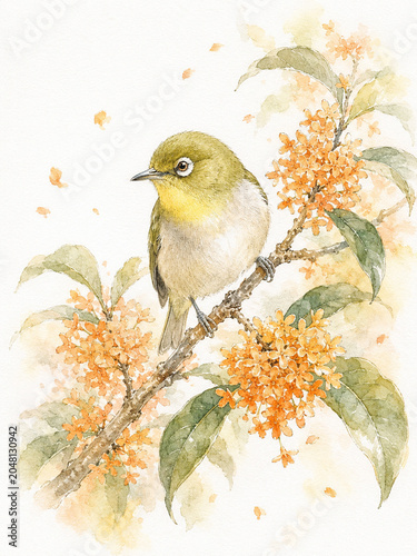 Watercolor Japanese White Eye Perched on Fragrant Orange Osmanthus Branch