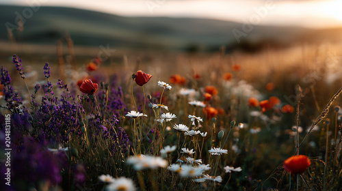 Dreamy wildflower meadow at magical golden hour