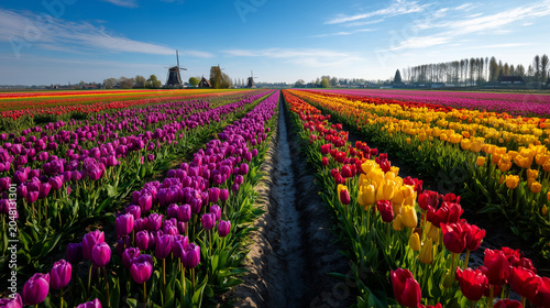 Sea of vibrant tulips in a vast flowering field