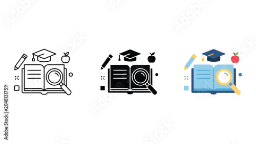 Bild auf Leinwand Academic study and school learning icon set with book magnifying glass and apple