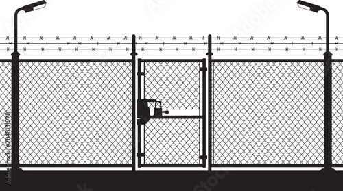 Chain link fence with gate and barbed wire on poles with lamps, black silhouette.