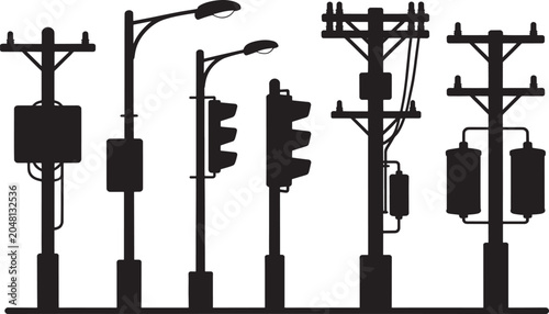 Set of silhouettes of utility poles, streetlights, and traffic lights urban infrastructure collection.