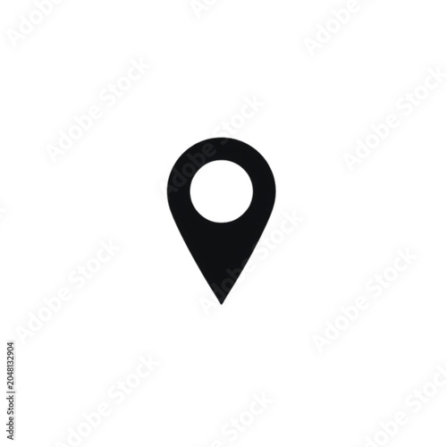 Map Pin Icon: A simple, bold black map pin icon, representing a location or destination, is presented against a stark white background.