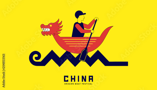 Fotografija Red china dragon boat and boater on water wave sign on yellow texture background