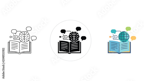 Photos Cognitive learning and knowledge acquisition graphic with open book brain illust