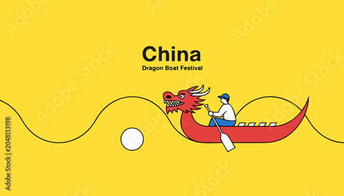 Photos Red china dragon boat and boater on water wave sign on yellow texture background