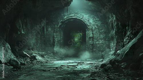 Creepy cave entrance with eerie glowing green symbols carved on ancient stone door, surrounded by mist and rocky walls creating mysterious atmosphere