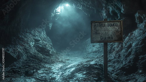 Creepy cave entrance with eerie glowing mist inside and rocky walls illuminated by soft light, creating mysterious and haunting atmosphere in dark underground space