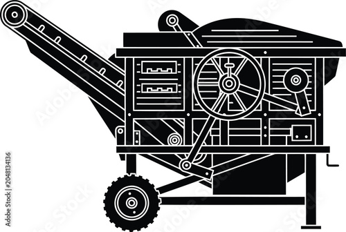 Schilderij op canvas Vintage farm grain threshing machine agriculture process vector artwork