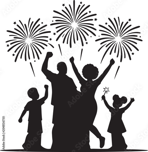 Bild auf Leinwand A black silhouette vector of an African American family celebrating with raised arms under a sky of bursting fireworks for Juneteenth