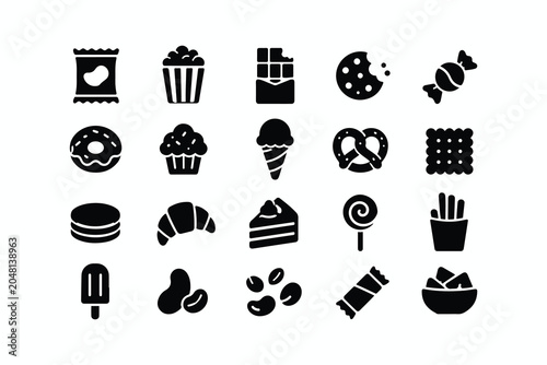 Fotografi Black icons of various sweet and savory food items Vector