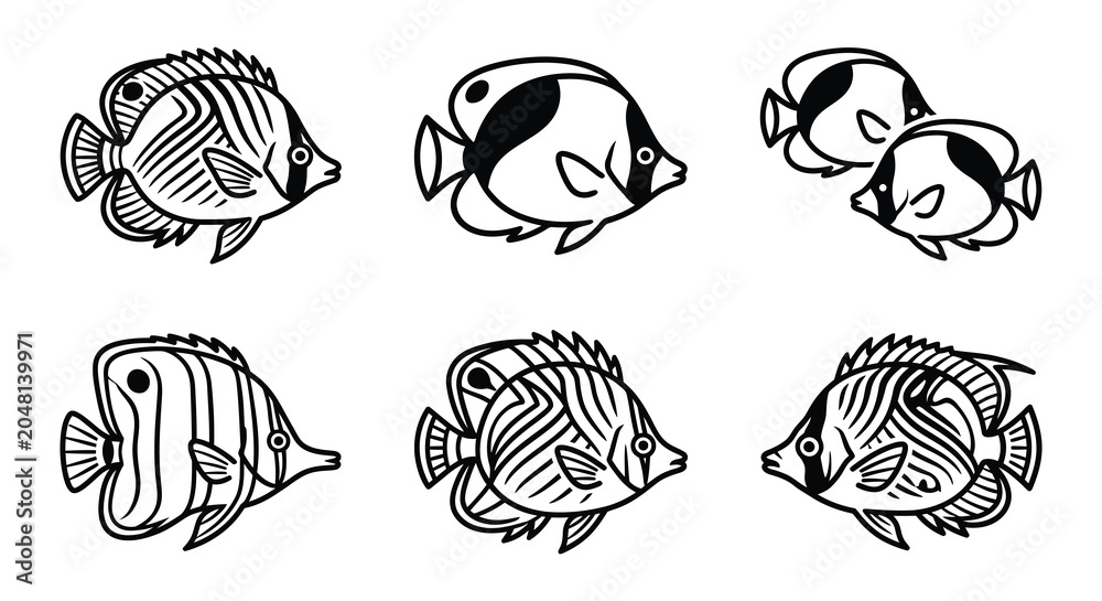 Fototapeta premium Butterflyfish Line Art A Collection Of Black And White Vector Illustrations