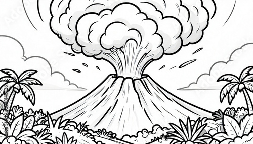 A Powerful and Dramatic Volcanic Eruption Spews Smoke and Ash into the Sky Above a Lush Tropical Landscape, Rendered in a Dynamic Black and White Illustration Style