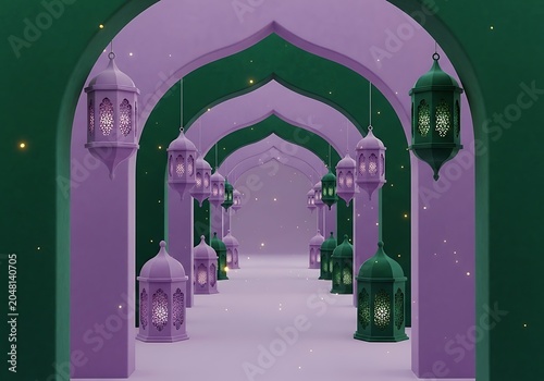 Decorative arches with hanging lanterns at night