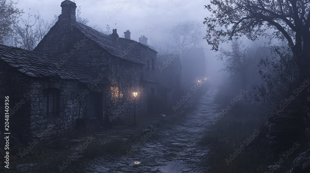 Fototapeta premium Eerie foggy village with abandoned stone houses along narrow wet path illuminated by old street lamps, surrounded by bare trees and dense mist creating mysterious atmosphere
