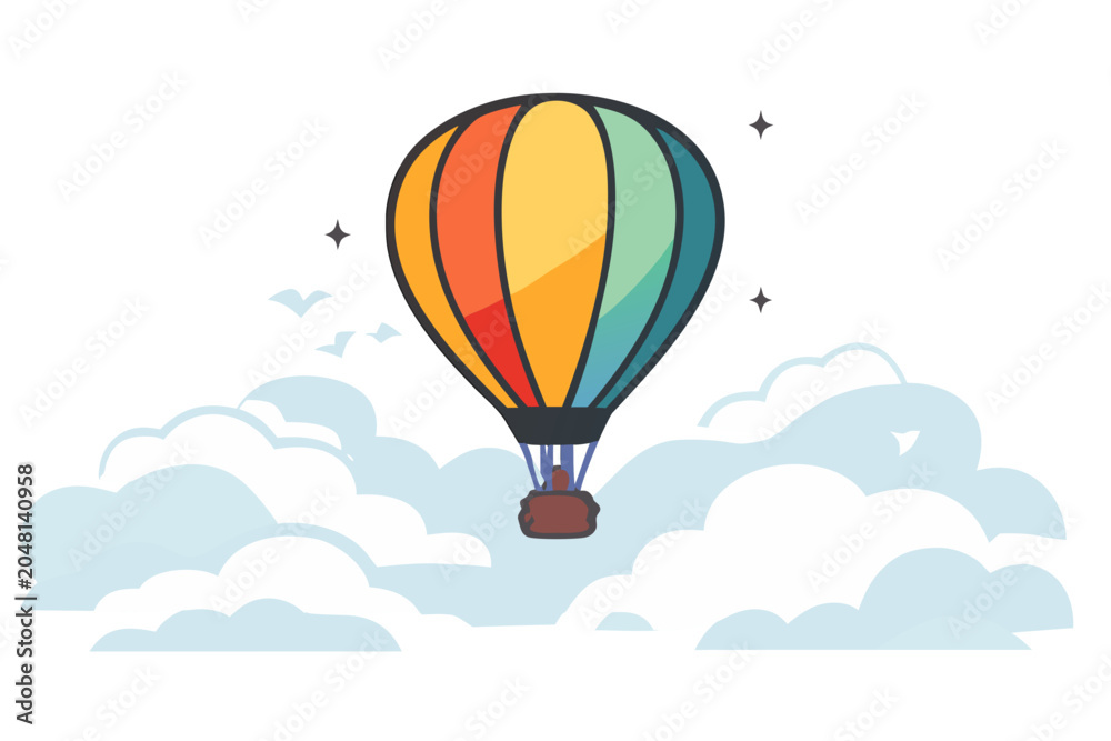 Obraz premium Colorful hot air balloon floats above soft white clouds with birds and stars, symbolizing travel, freedom, adventure and dreams in a bright vector illustration on transparent background.