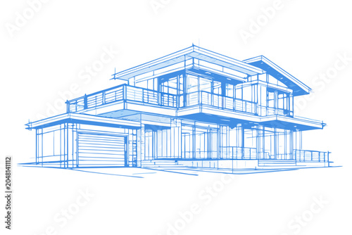 Modern house blueprint sketch with blue architectural lines, two-story villa concept, vector building design isolated on transparent background