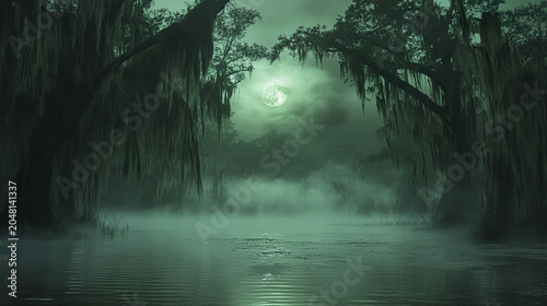 Eerie swamp with glowing green mist and gnarled trees under full moon, creating mysterious and haunting atmosphere in dark water landscape