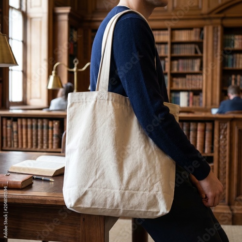 Blank white canvas tote bag mockup carried by a man in a classic library for branding design template