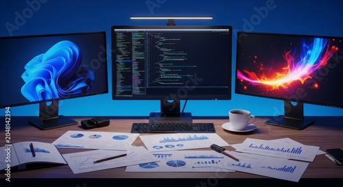A messy desk cluttered with several open documents, a half-empty coffee cup, and multiple glowing computer screens showing lines of code, programming, software, computer