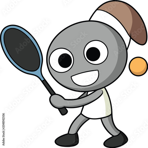 Cartoon character playing tennis with a racket and ball