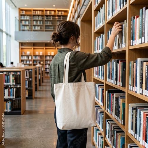 Young woman with blank white canvas tote bag mockup in university library