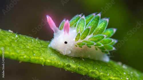 Cute leaf sheep nudibranch with pink tentacles resting on bright green leaf underwater