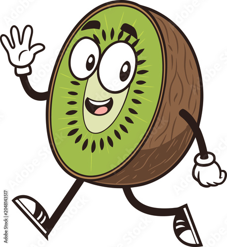 Cartoon kiwi fruit character waving hello and running