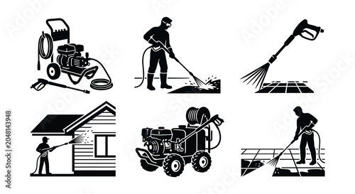 Pressure Washer Silhouettes Black Vector Illustrations On White Background