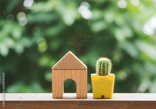 Wooden house model and small cactus in yellow pot on wooden table outdoors