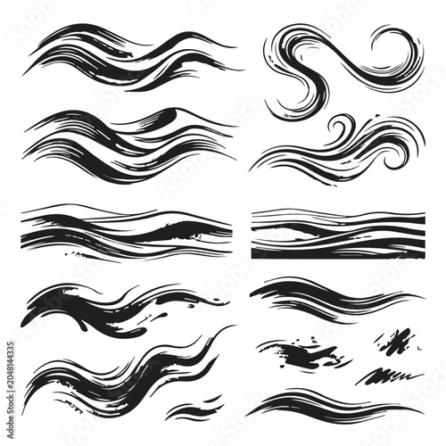 Obraz na plátne Black brush strokes and curvy artistic paint marks set with hand drawn, ink wash