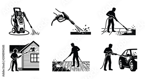Pressure Washer Silhouettes Black Vector Illustrations On White Background